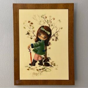Vintage 60s 70s BIG EYED GIRL PUPPY Wood Plaque Wall Art Decor Mod Retro